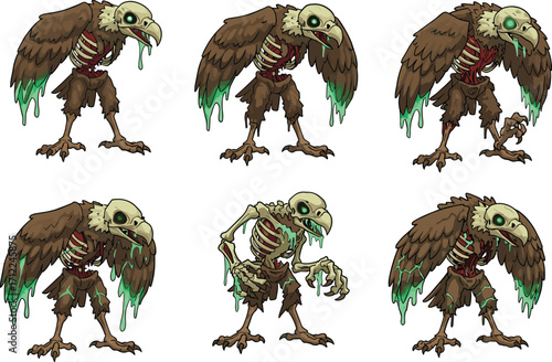 Undead vulture humanoid creature with skeletal wings, dripping slime, horror fantasy monster design in transformation stages for game or story illustration