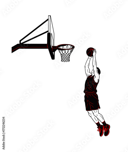 Basketball player in mid-air dunking ball into hoop illustration. Line work silhouette of a basketball player.