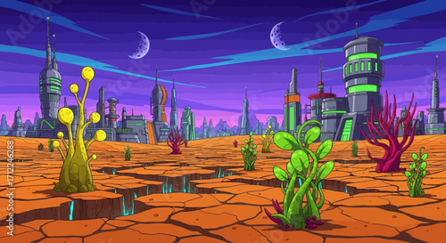 Cel-Shaded Cartoon Landscape of Alien Planet with Futuristic Buildings and Strange Plants Vector