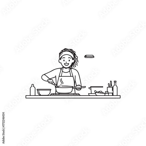 
Black and White Vector Illustration of a Smiling Woman Cooking in Kitchen with Apron and Headband