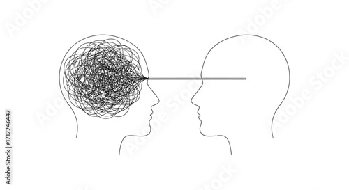 Minimalist Line Art of Two Heads Facing Each Other with Tangled Thoughts Being Transferred Vector