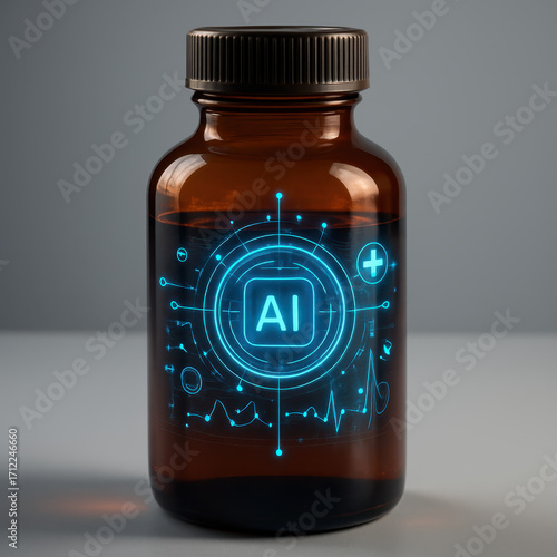 AI Medicine: A digital representation of medicine bottle, illuminated by a glowing blue AI interface, suggests advanced technological advancements within the healthcare sector.