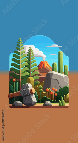 Stylized 3D miniature landscape with volcano and trees.