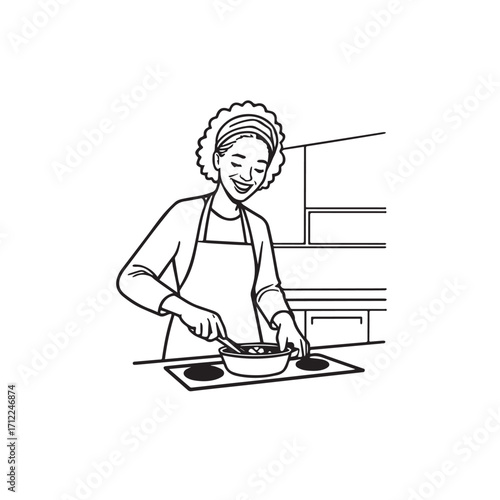 
Black and White Vector Illustration of a Smiling Woman Cooking in Kitchen with Apron and Headband
