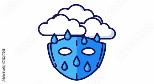 Stylized blue mask with raindrops and clouds illustration.