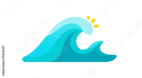 Stylized blue ocean wave with sun icon illustration.