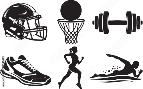 Sports icons: Run, swim, lift, play ball, train!