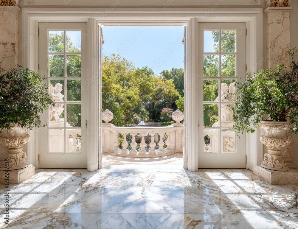Fototapeta premium Sunlight streams through grand double doors onto a marble floor, revealing a lush garden beyond a balustrade