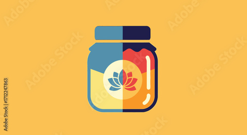 Stylized Jar of Honey with Lotus Flower Emblem.