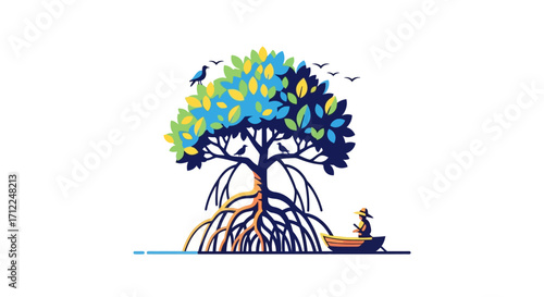 Stylized Mangrove Tree with Seahorse in Boat.