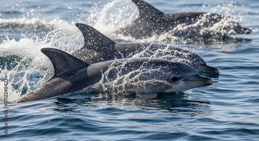 Obraz premium Pod of Dolphins Swimming and Playing in the Ocean Waves