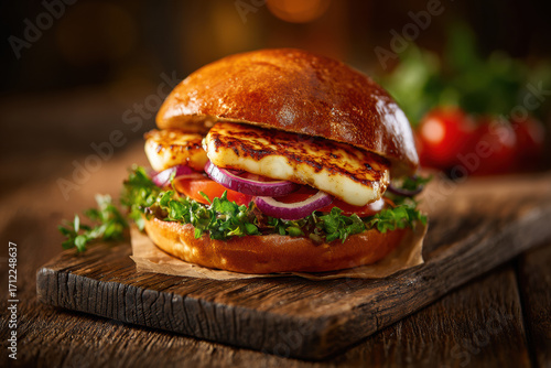 Halloumi Burger Styled for Cafe Menu Advertising