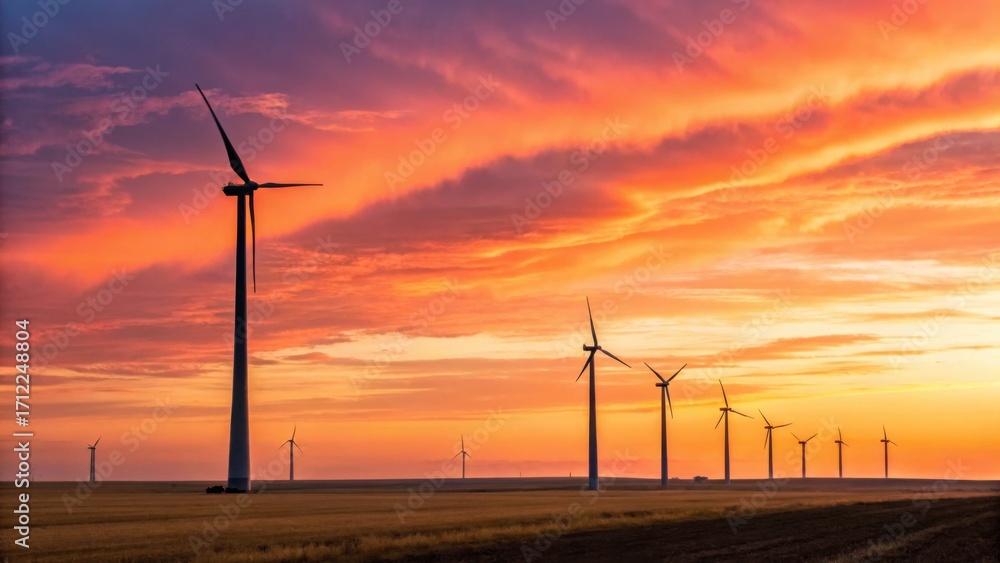 Obraz premium A breathtaking sunset over a field of wind turbines, showcasing renewable energy and nature's vibrant colors.