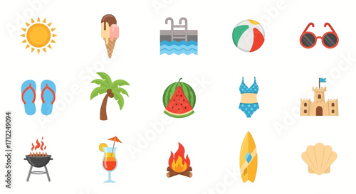 Summer vacation icons set, featuring sun, ice cream, pool, beach ball, sunglasses, flip-flops, palm tree, watermelon, swimsuit, sandcastle, barbecue, cocktail,
