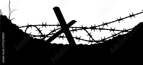 Silhouette of barbed wire and wooden stake on the ground. trench war elements vector background.
