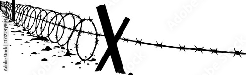 Silhouette of barbed wire and wooden stake on the ground. trench war elements vector background.
