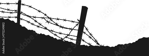 Silhouette of barbed wire and wooden stake on the ground. trench war elements vector background.
