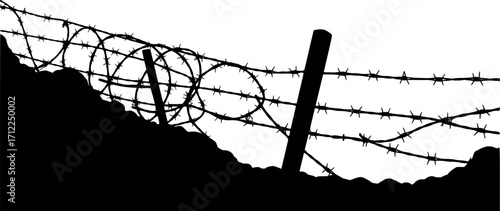 Silhouette of barbed wire and wooden stake on the ground. trench war elements vector background.
