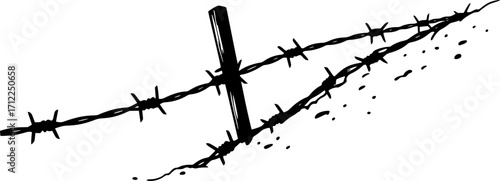 Silhouette of barbed wire and wooden stake on the ground. trench war elements vector background.
