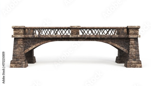 A realistic depiction of an old bridge with iron beams, set against a white background. 