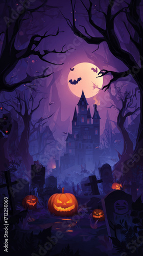 Happy Halloween. Spooky ghost, pumpkin and bat. Scary halloween pumpkin glowing. Decoration for holiday.