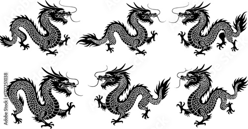 Elegant oriental dragons in varied poses, symbolic creatures of power and prosperity adorn a white background
