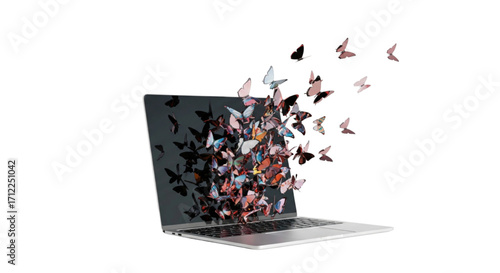 3D Render Butterflies Flying Out of Laptop Isolated on White