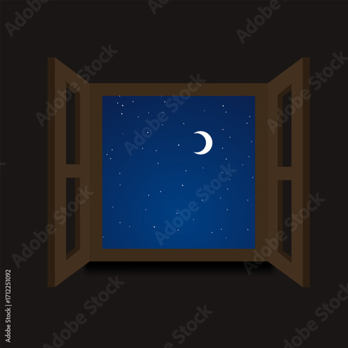 Open window with moon and stars, primitive minimal vector
