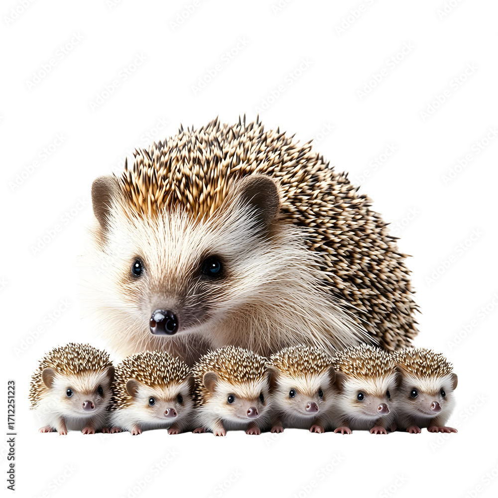 Obraz premium Adorable Mother Hedgehog with Cute Baby Hedgehogs Isolated on White Background