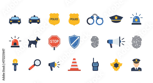 Vector Icon Set of Police and Law Enforcement Symbols.