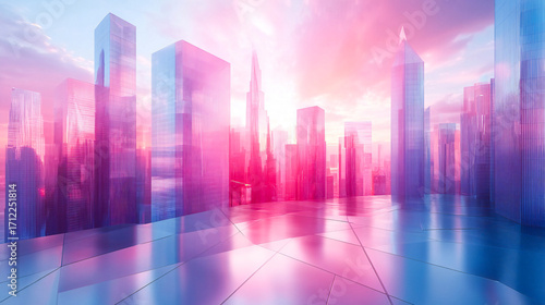 Abstract polygon building background. Futuristic unique contemporary glass wall architecture, 3d modern luxury exterior office building, geometric diamond shape design, city skyscraper landscape,