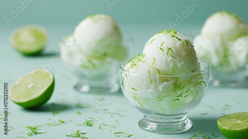 Lime sorbet in glass bowls, pastel green background, scattered lime zest, airy tropical vibe, copy space above