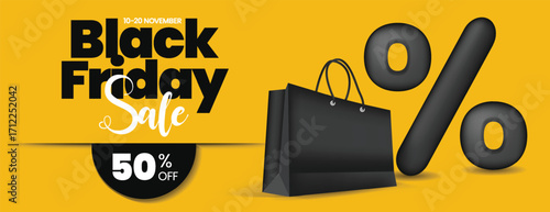 Trendy Black Friday Marketing Banner Design for Social Media and website ads, with Retail Discount Offer, Product Sale Promotion banner, Advertisement Ads, 3D Shopping Bag, and mega percent Background