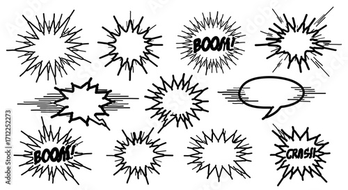 Comic book style speech bubbles and explosion shapes in black and white, some with text like "BOOM!" and "CRASH!".