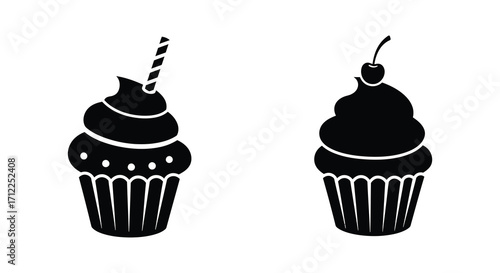 Two black and white cupcake illustrations with different toppings displayed