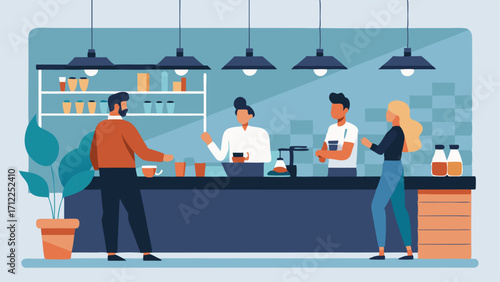 A sleek modern coffee bar with baristas preparing drinks for visitors.