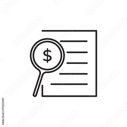 Line icon of a magnifying glass containing a dollar sign, scrutinizing a document. Ideal for symbolizing audits, investment research, fiscal analysis, money investigations, and economic reviews.