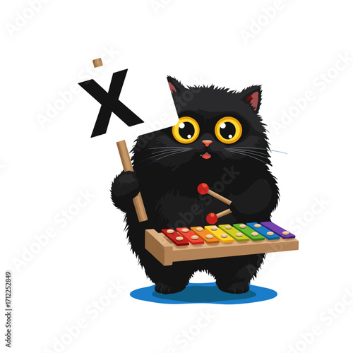 Flat icon of black fluffy cat holding a placard with letter “X” while tapping a colorful xylophone with a mallet, isolated