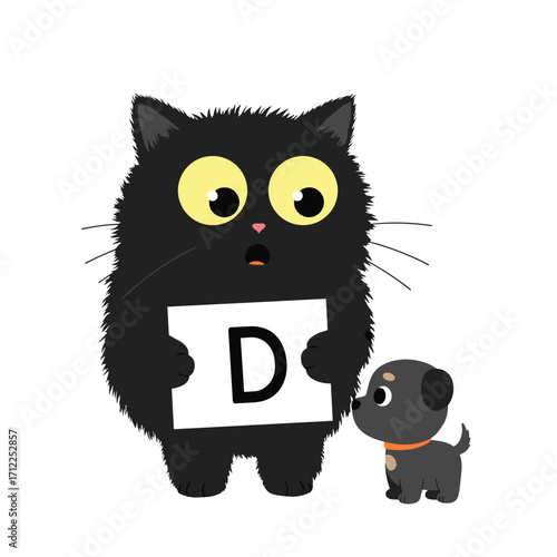 Flat icon of black fluffy cat looking surprised at a small cartoon puppy while holding a placard with letter “D”, isolated
