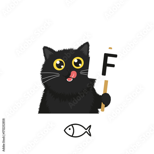  Flat icon of black fluffy cat licking lips while holding a placard with letter “F”, next to a simple fish icon, isolated