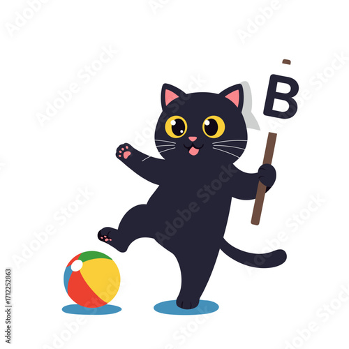Flat icon of black fluffy cat kicking a colorful toy ball with one paw while holding a placard with letter “B”, isolated