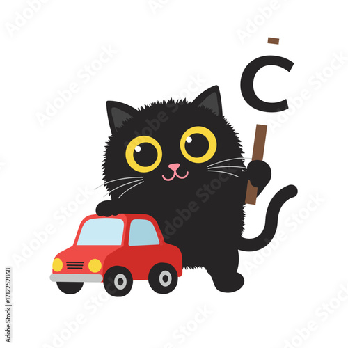 Flat icon of black fluffy cat pushing a small red toy car with one paw, holding a placard with letter “C” in the other paw, isolated