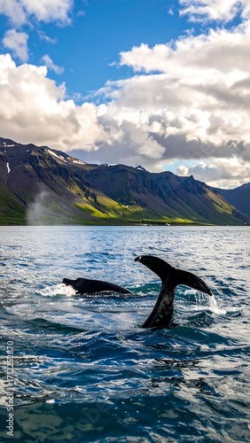 Whales surfacing in a fjord