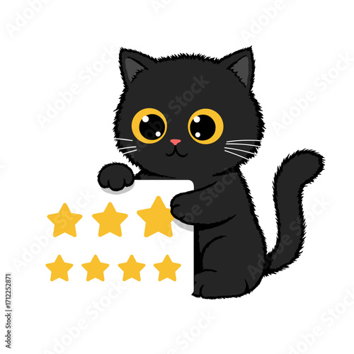 Flat icon of black fluffy cat placing a gold star on a reward chart, isolated