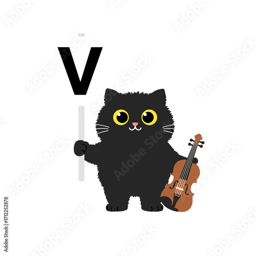 Flat icon of black fluffy cat holding a placard with letter “V” while standing next to a small cartoon violin, isolated