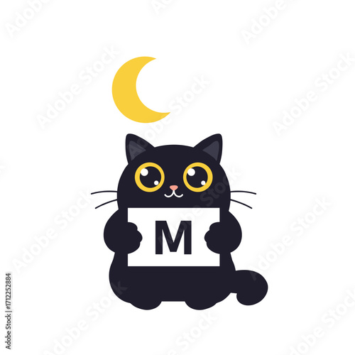 Flat icon of black fluffy cat sitting on the ground, holding a placard with letter “M”, crescent moon icon floating above, isolated