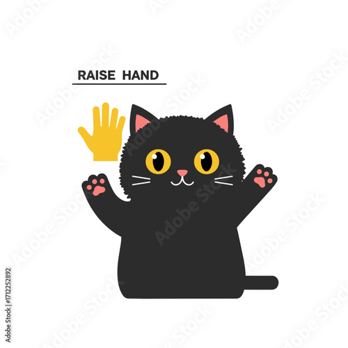 Flat icon of black fluffy cat raising one paw next to a “raise hand” classroom rule poster, isolated