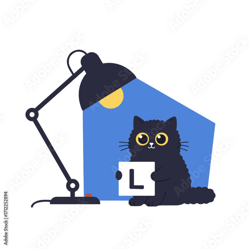 Black fluffy cat holding letter near desk lamp in cozy home setting, isolated