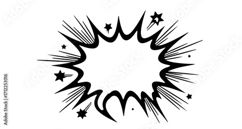 Comic book style explosion graphic with radiating lines and stars, featuring a central blank oval space for text.