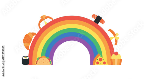 Vibrant Rainbow with Assorted Food Items.